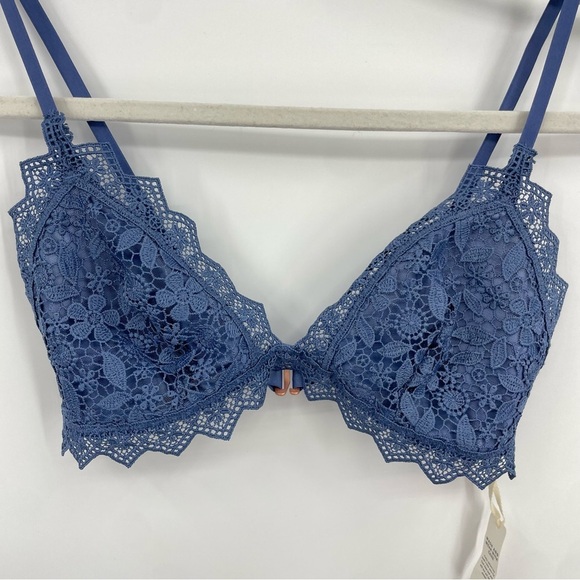 Aerie Floral Lace Triangle Bralette Periwinkle Blue Gold Side Ring Size S - Picture 2 of 7